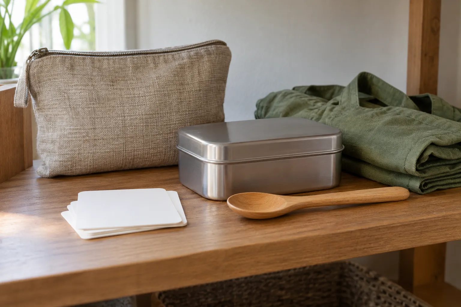 Illustration: A woven pouch, lunch tin, wooden spoon and reusable bag on a shared shelf.