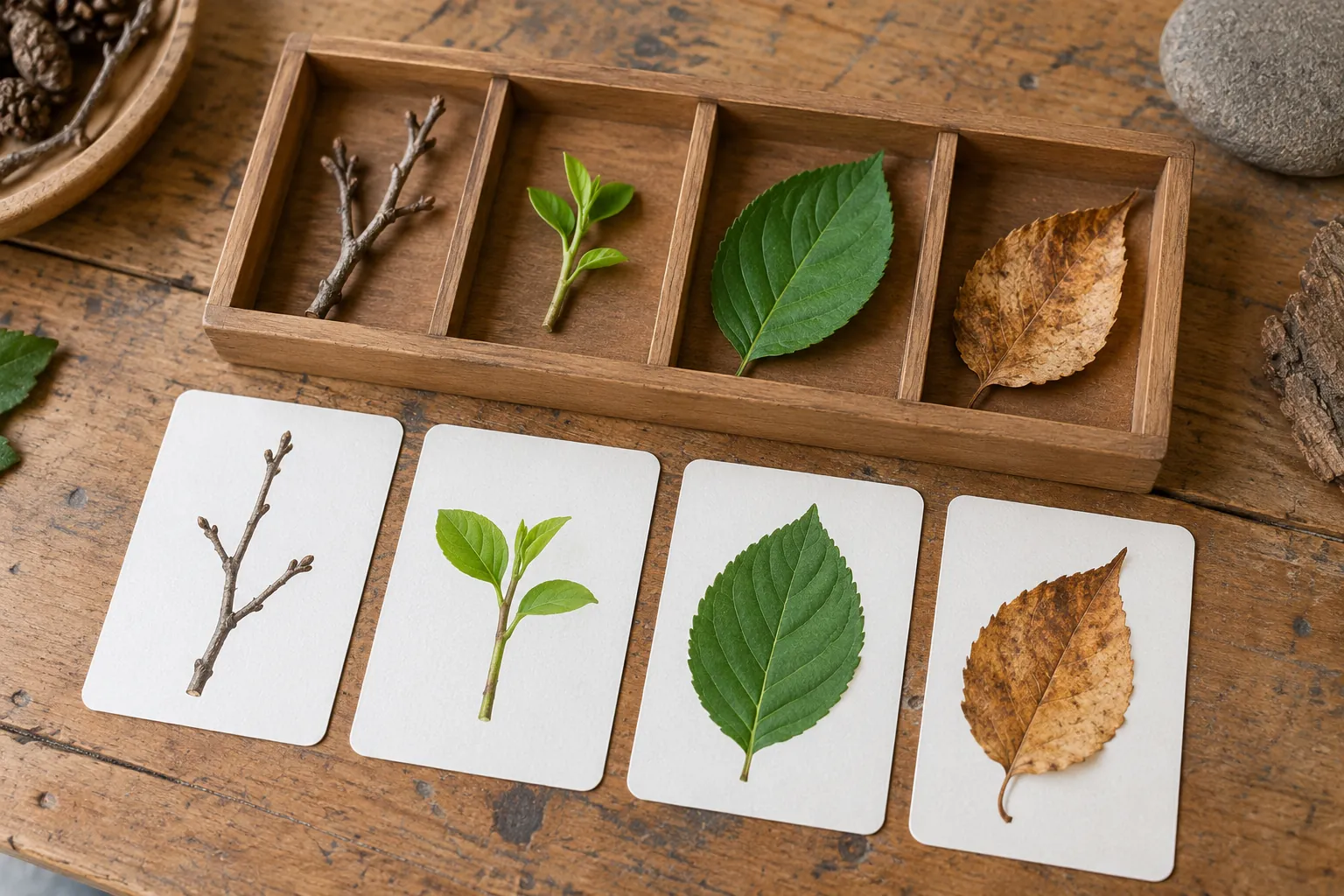 Illustration: Seasonal plant picture cards and natural forms on a community workbench.