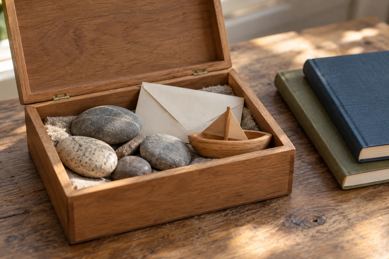 Illustration: An open box of everyday keepsakes beside two closed notebooks.
