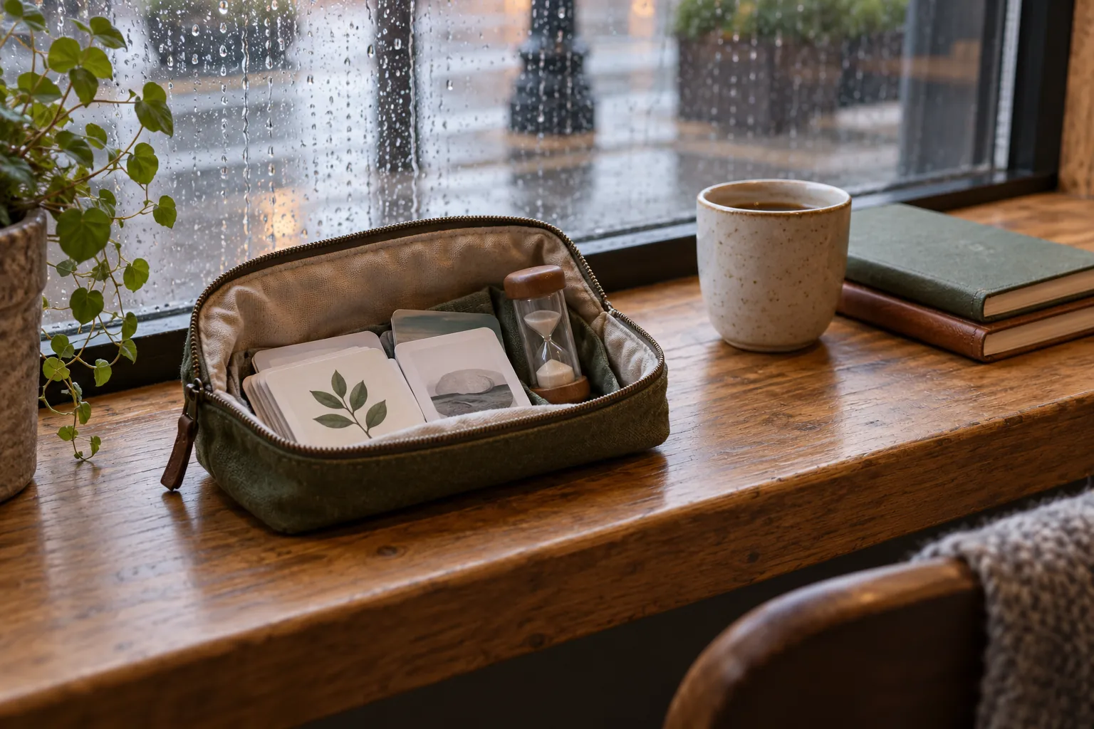 Illustration: A practice pouch, sand timer and wordless cards beside a cup and notebooks.