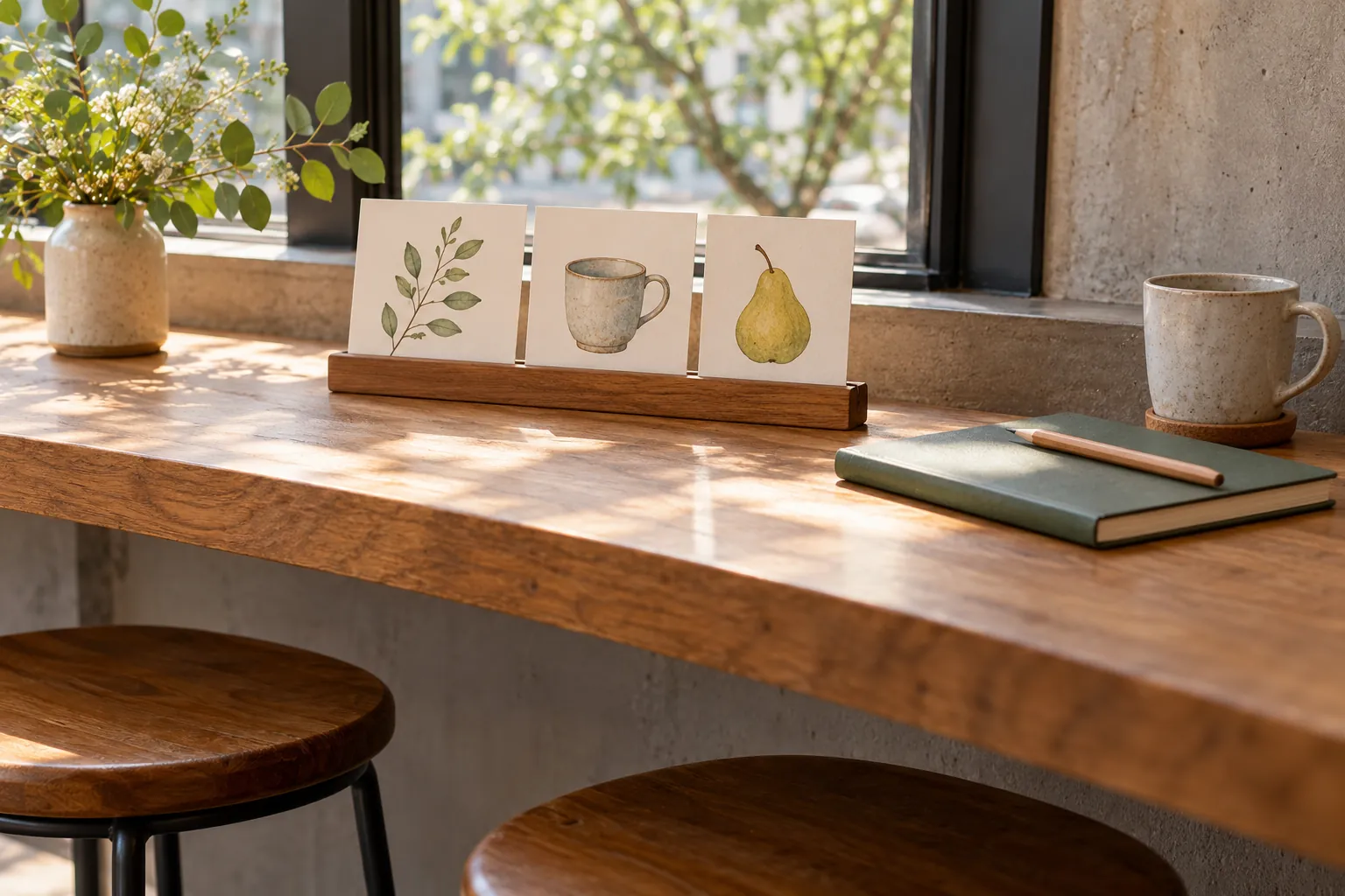Illustration: Wordless object cards, a notebook and pencil at an empty café counter.
