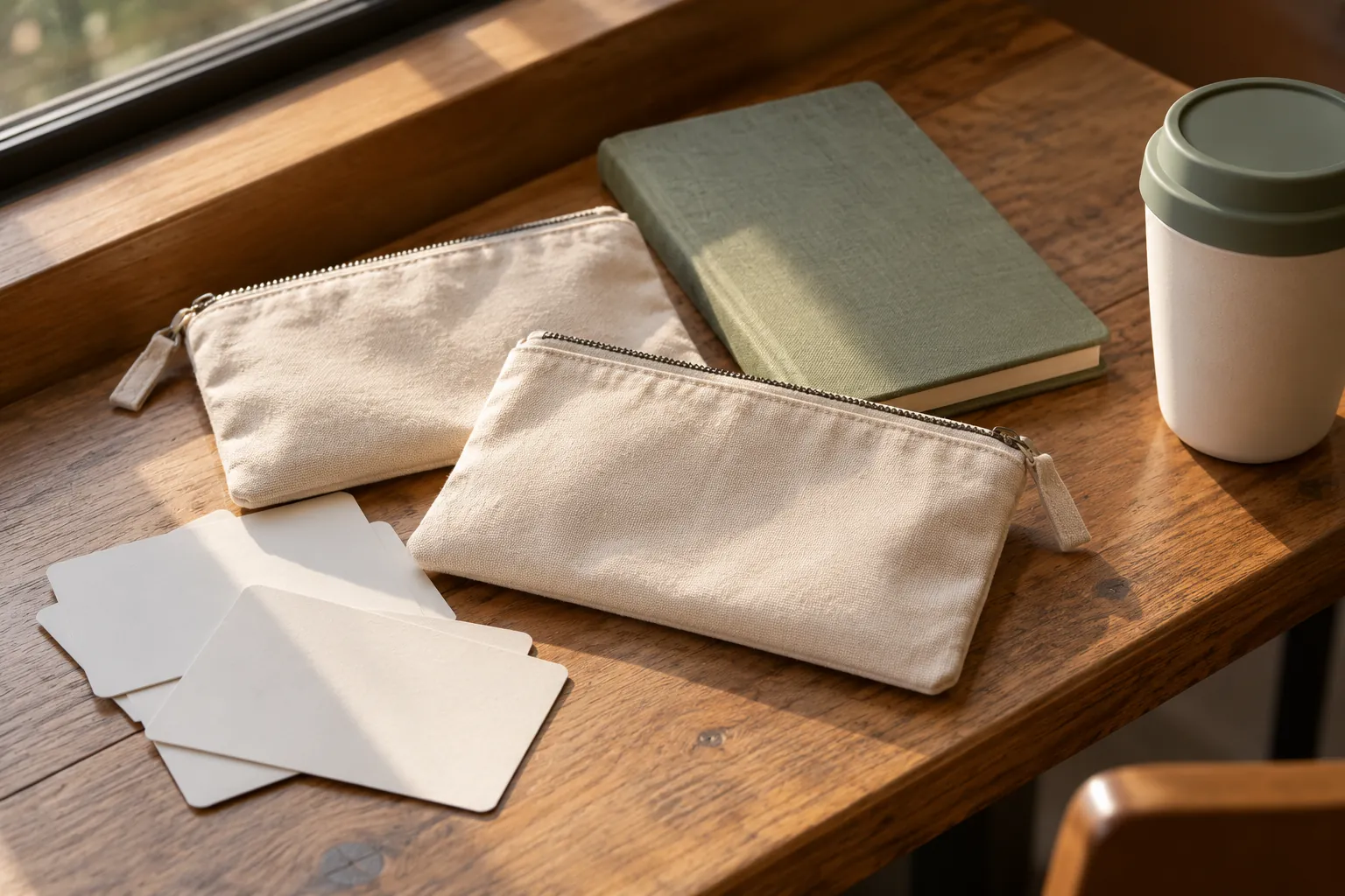 Illustration: Practice pouches, a pocket book and face-down cards on a café bench.