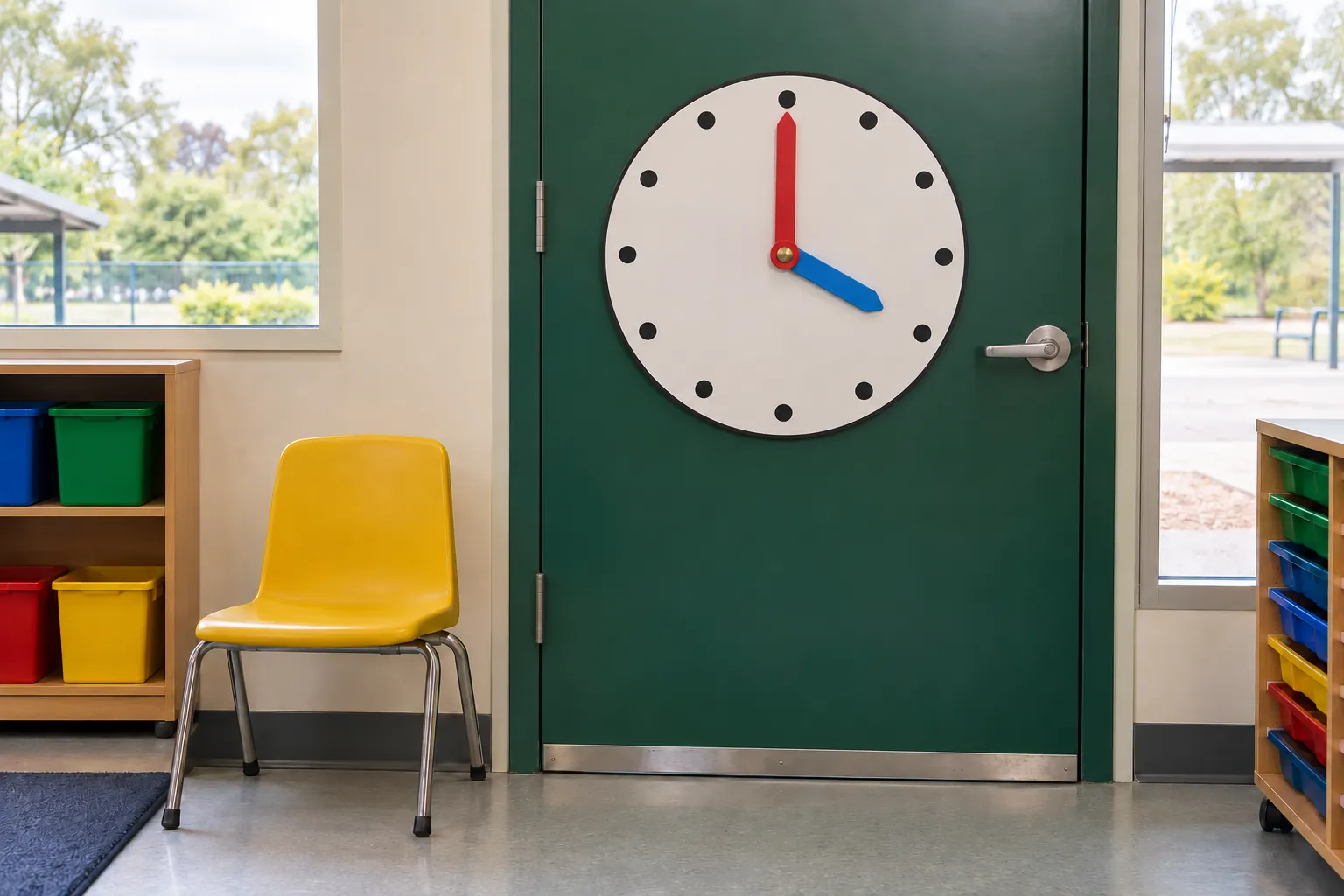 Illustration: A teaching clock with colored hands on a green classroom door.