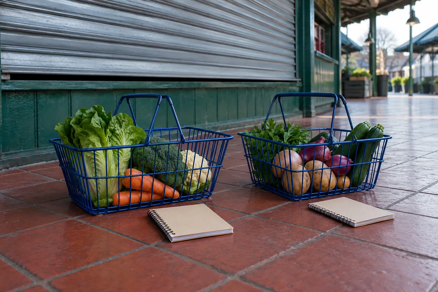 Illustration: Vegetable baskets and notebooks beneath a closed market stall.