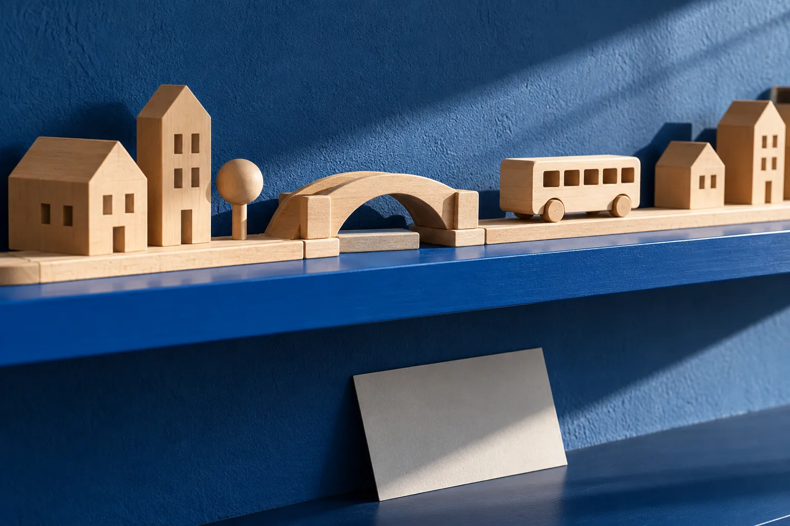 Illustration: A wooden route model with houses, bridge and bus on a blue shelf.