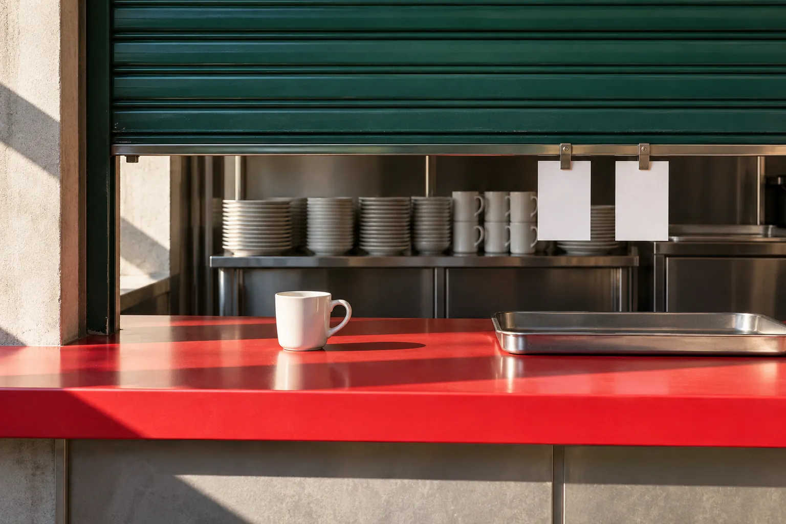 Illustration: A cup, tray and blank order cards at a café service hatch.