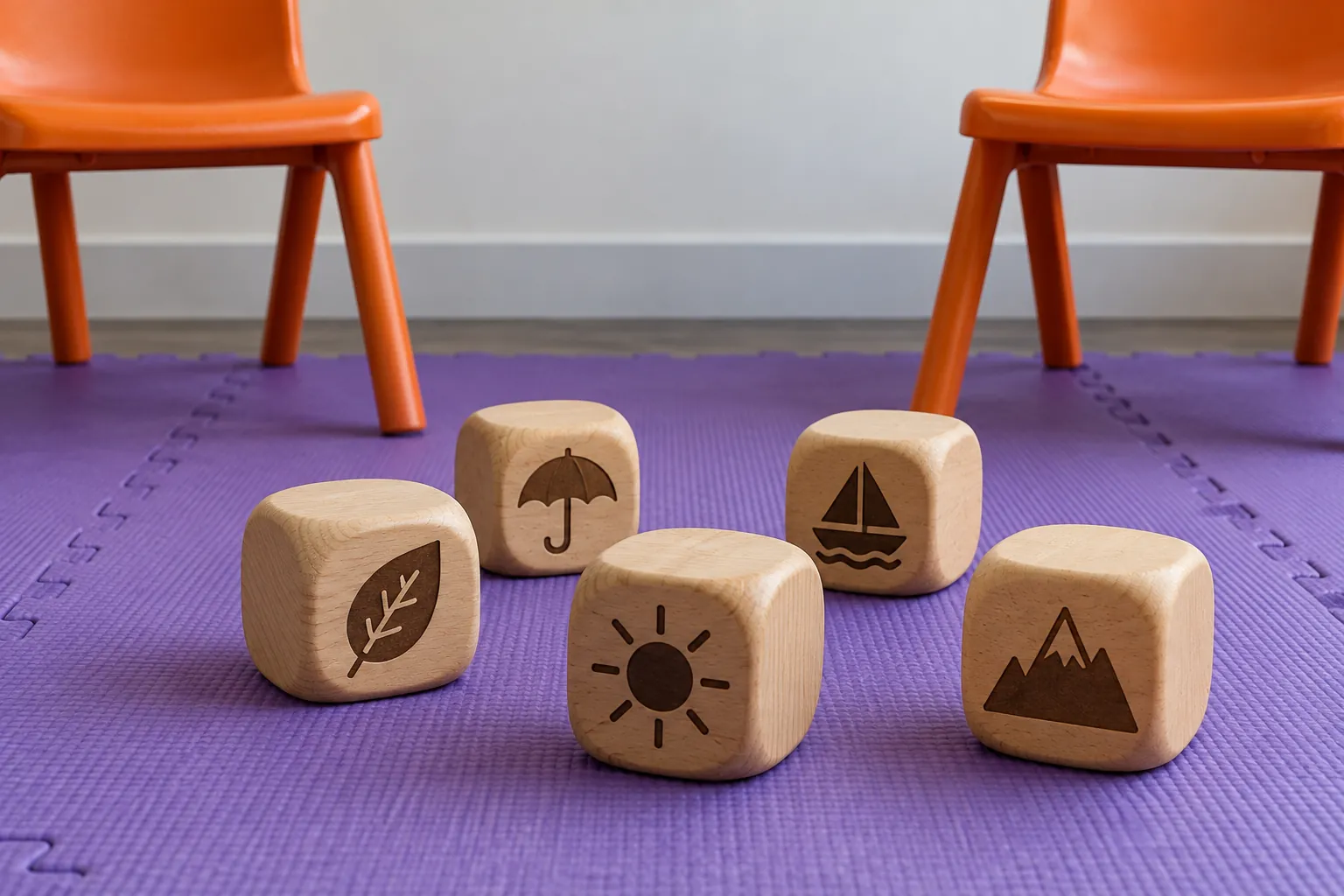 Illustration: Wooden story dice between classroom chairs on a purple mat.