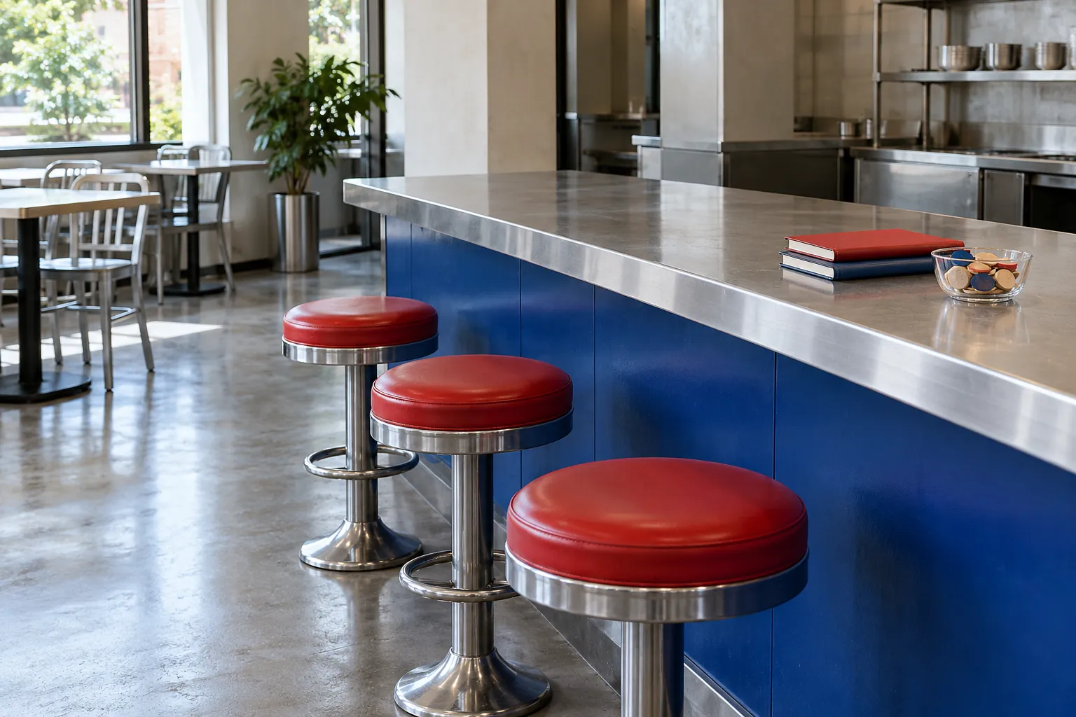 Illustration: Plain notebooks and turn-taking counters beside empty red cafe stools.