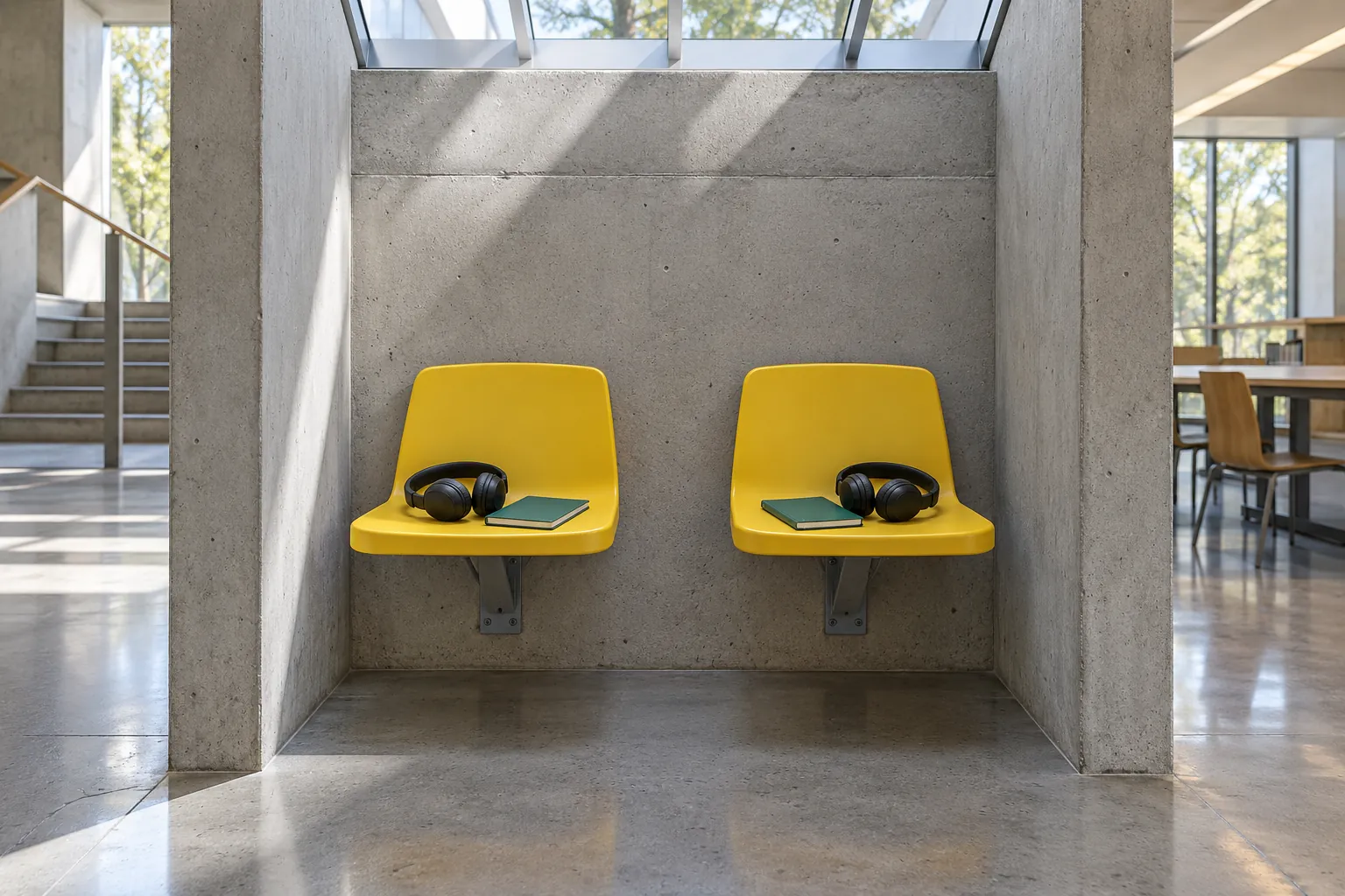 Illustration: Headphones and notebooks at two yellow seats in a concrete alcove.