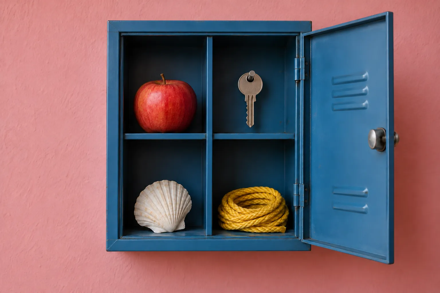 Illustration: Everyday description objects in a small open blue cabinet.