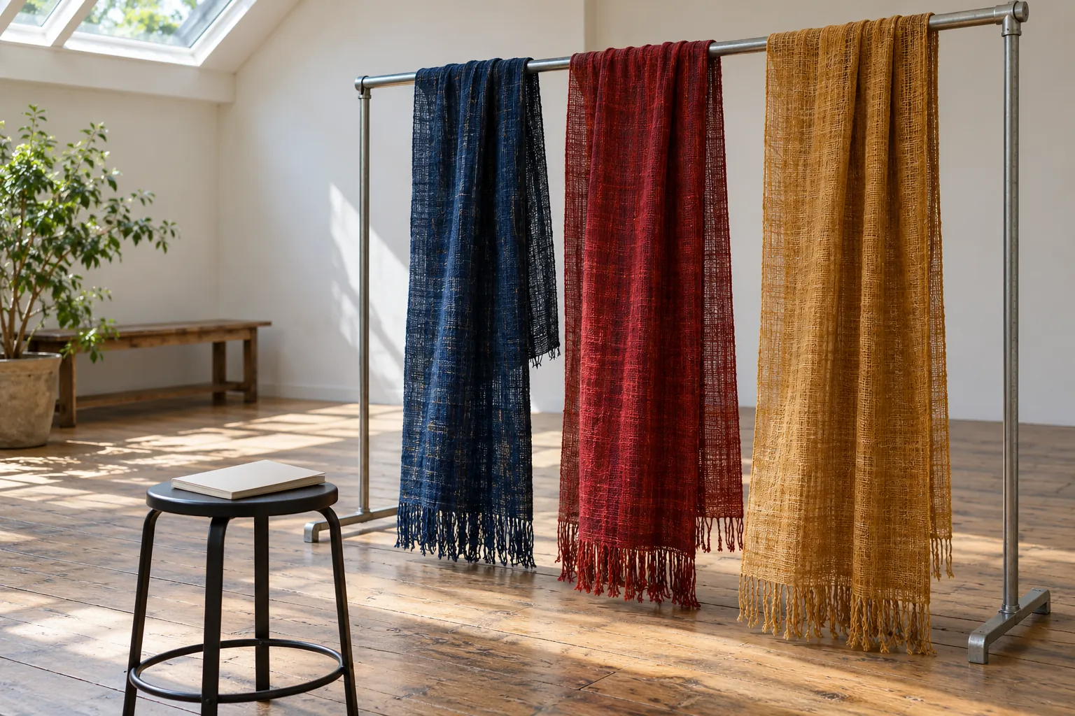 Illustration: Unprinted fabric samples hanging from a rail for a cultural conversation group.