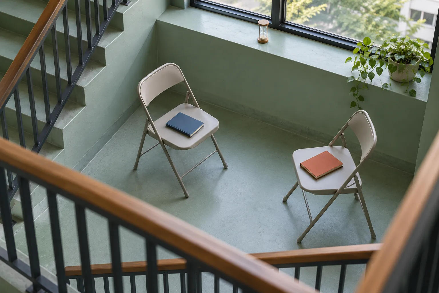 Illustration: Two facing seats and notebooks on a broad green stair landing.