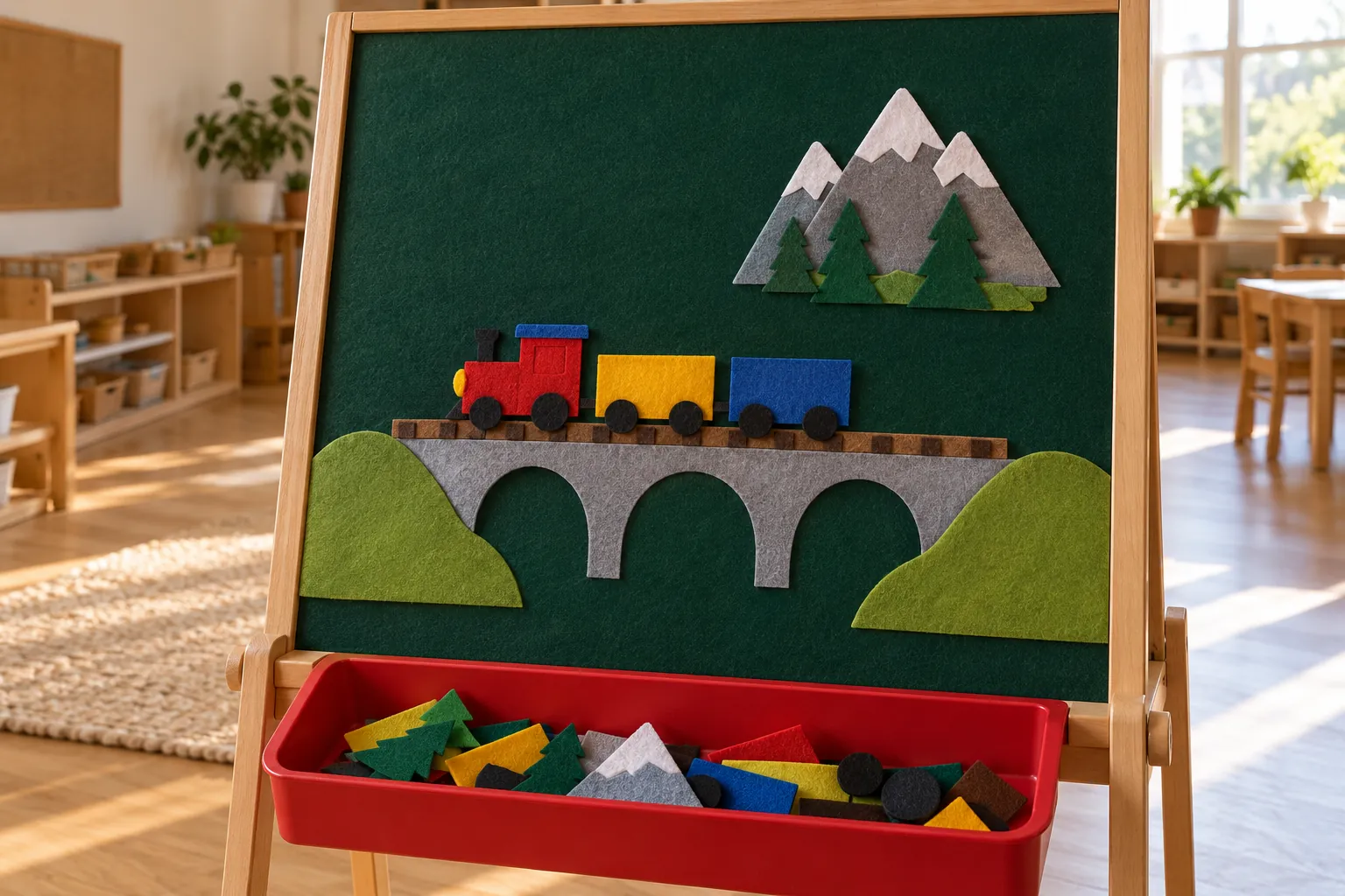 Illustration: Wordless felt travel shapes on an upright green prompt board.
