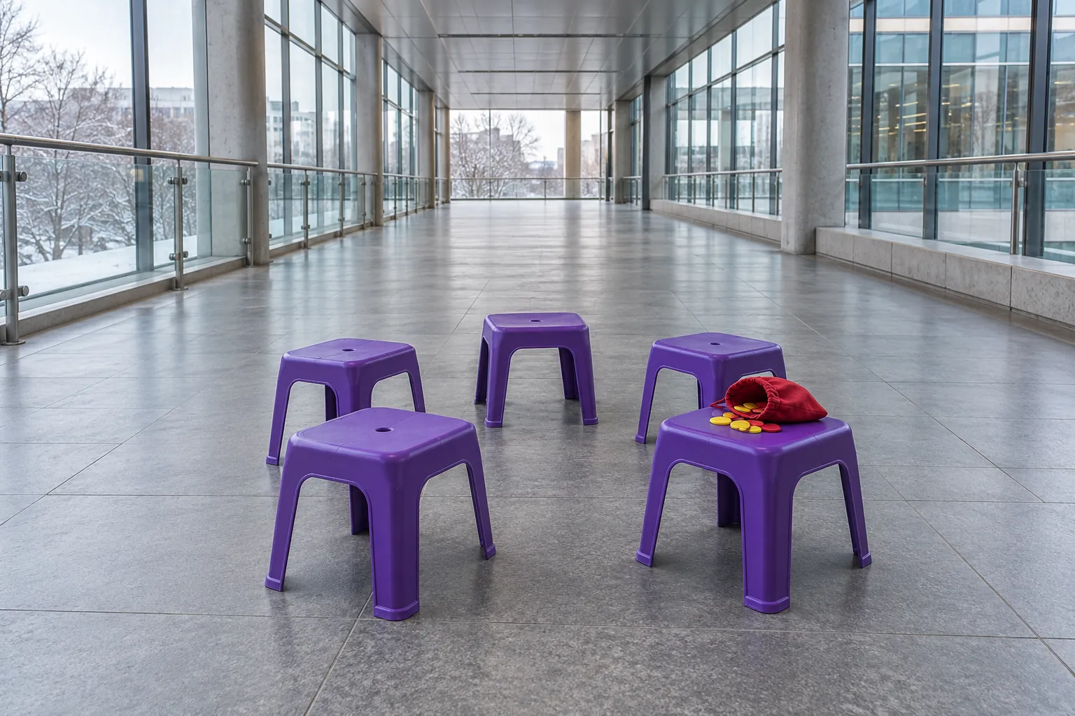 Illustration: Purple stools and a counter pouch arranged in an empty glazed passage.