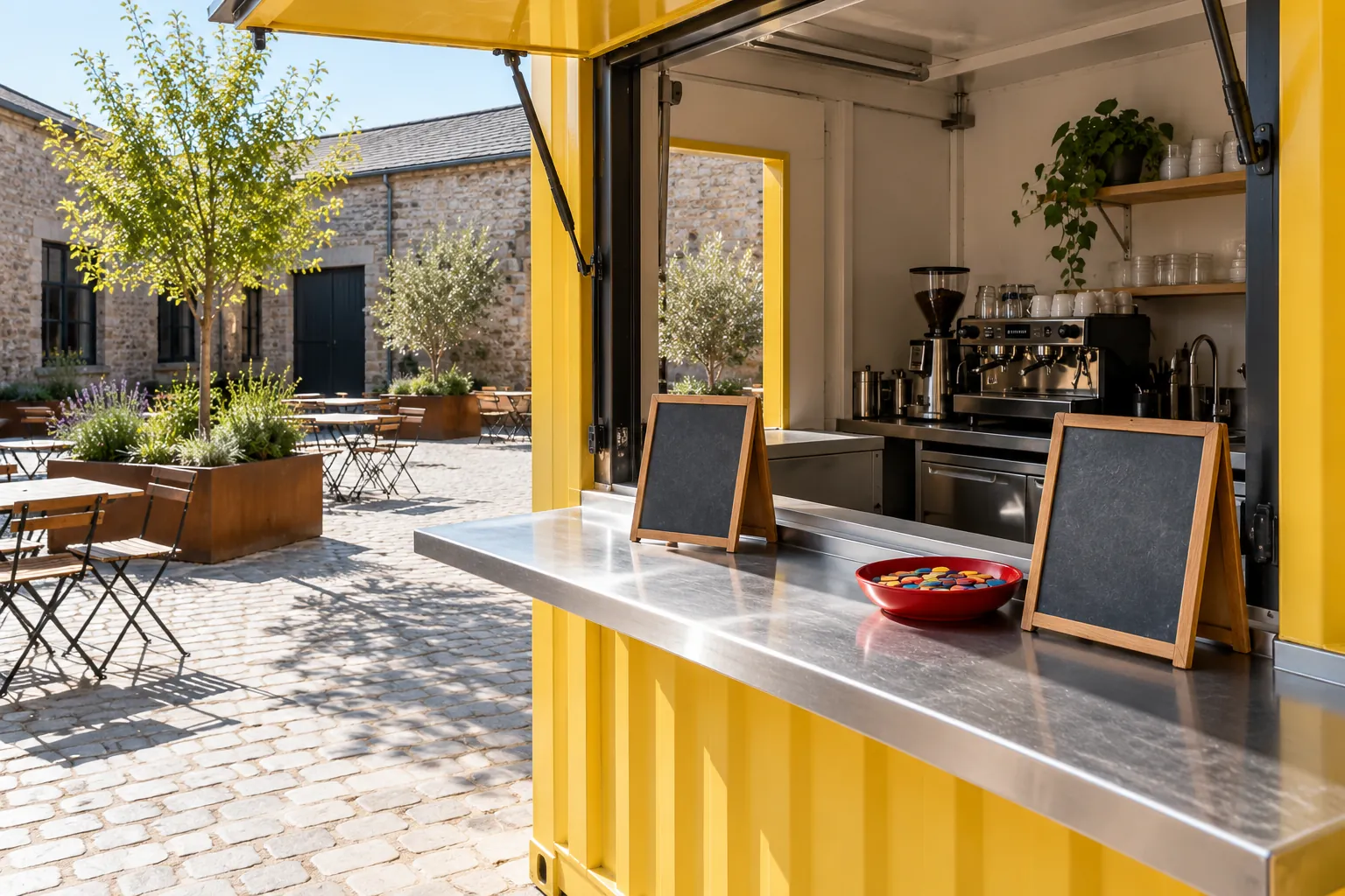 Illustration: Blank slate boards and counters at a yellow courtyard serving hatch.