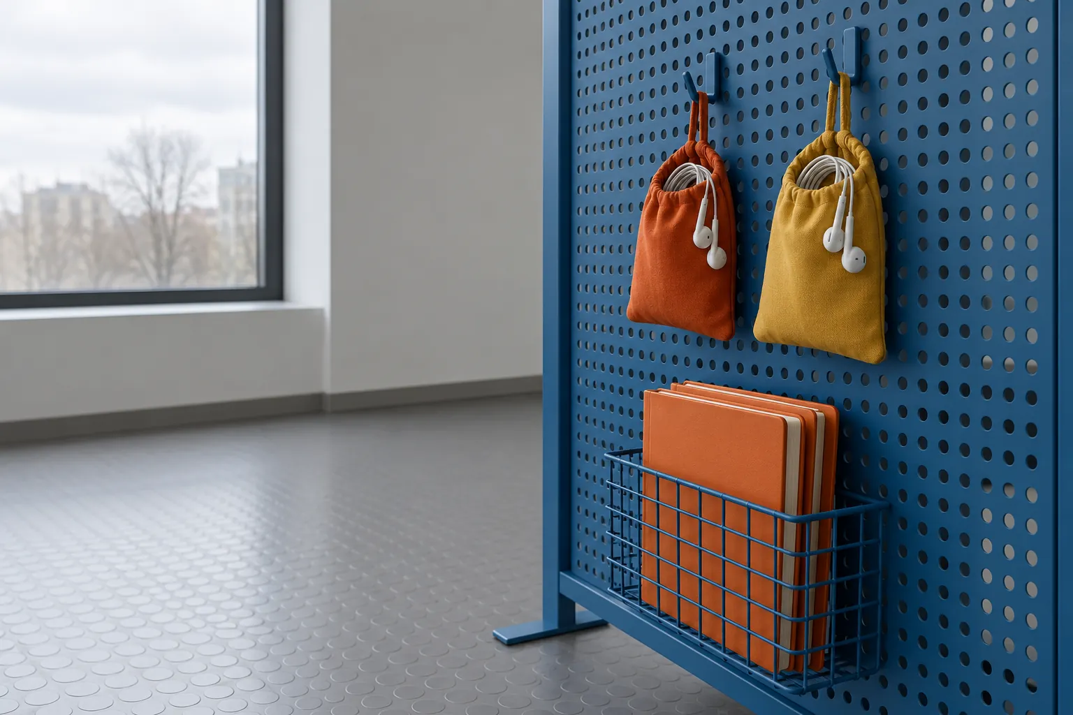 Illustration: Listening pouches and notebooks hanging from a blue room divider.