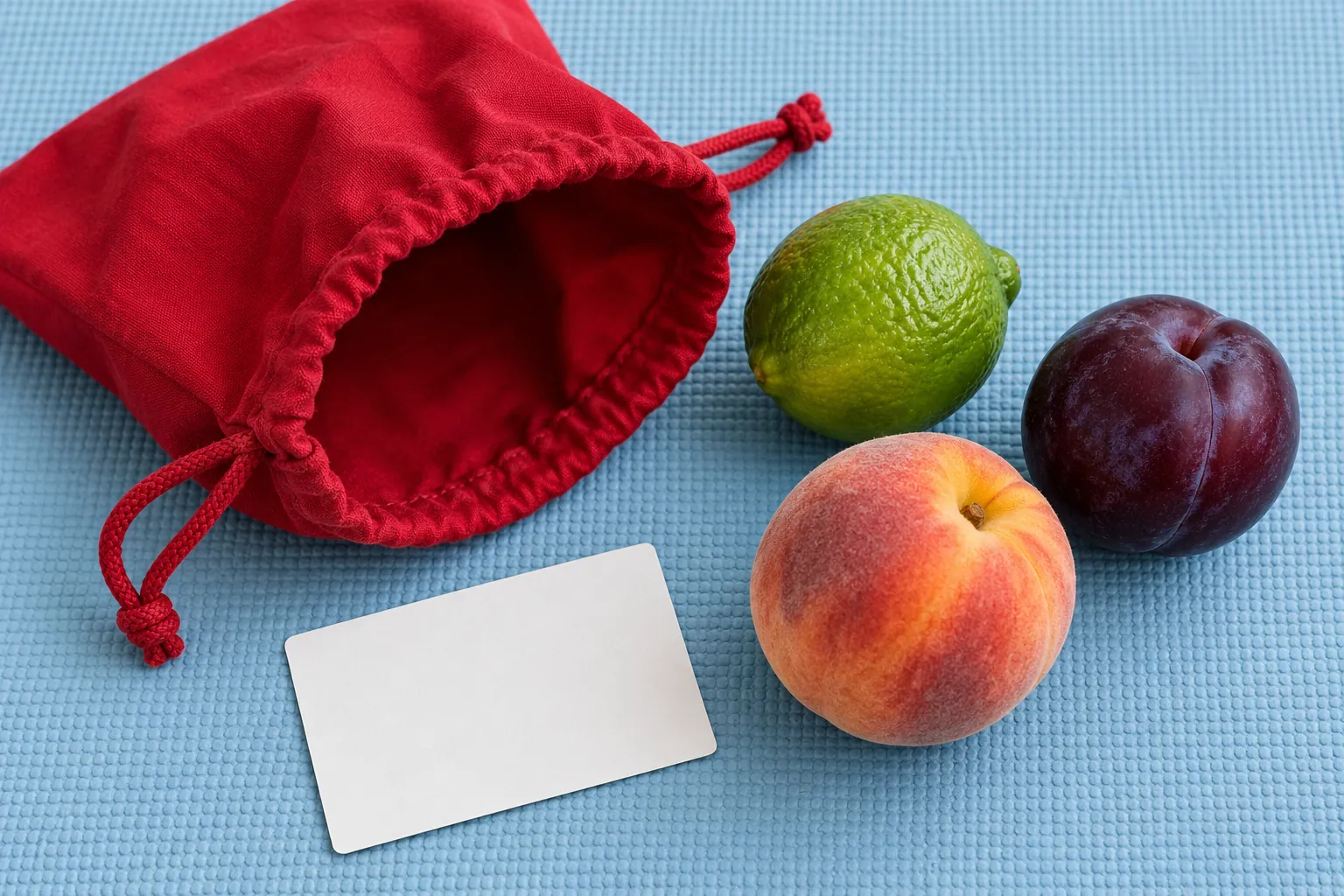 Illustration: Fruit with contrasting textures beside a crimson conversation-prompt bag.
