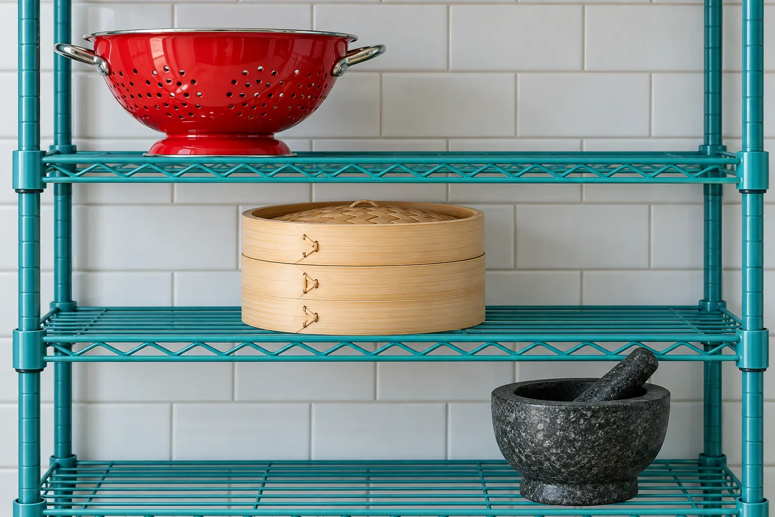 Illustration: Different cooking vessels arranged on a turquoise rack for cultural conversation.