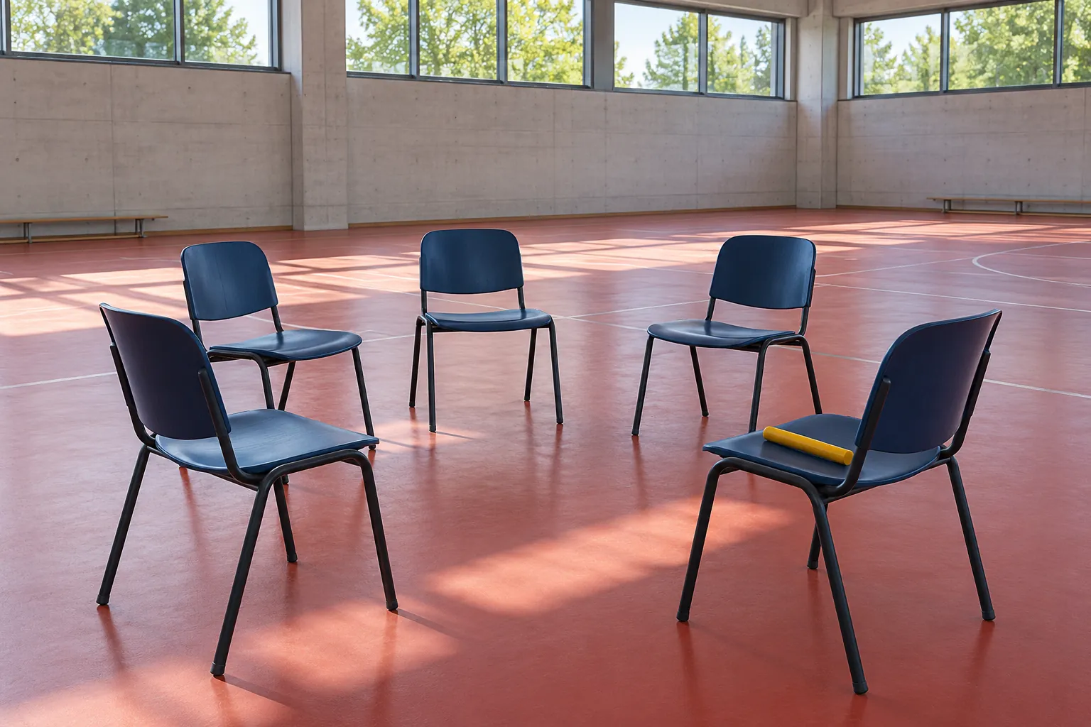 Illustration: Blue chairs arranged for a listening circle in an empty sports pavilion.