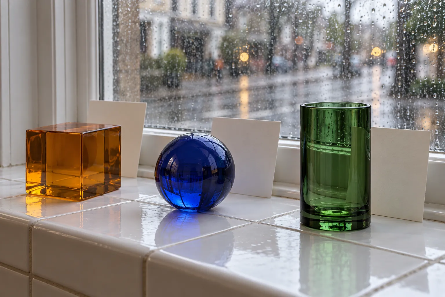 Illustration: Colored glass shapes and blank cards on a window sill.