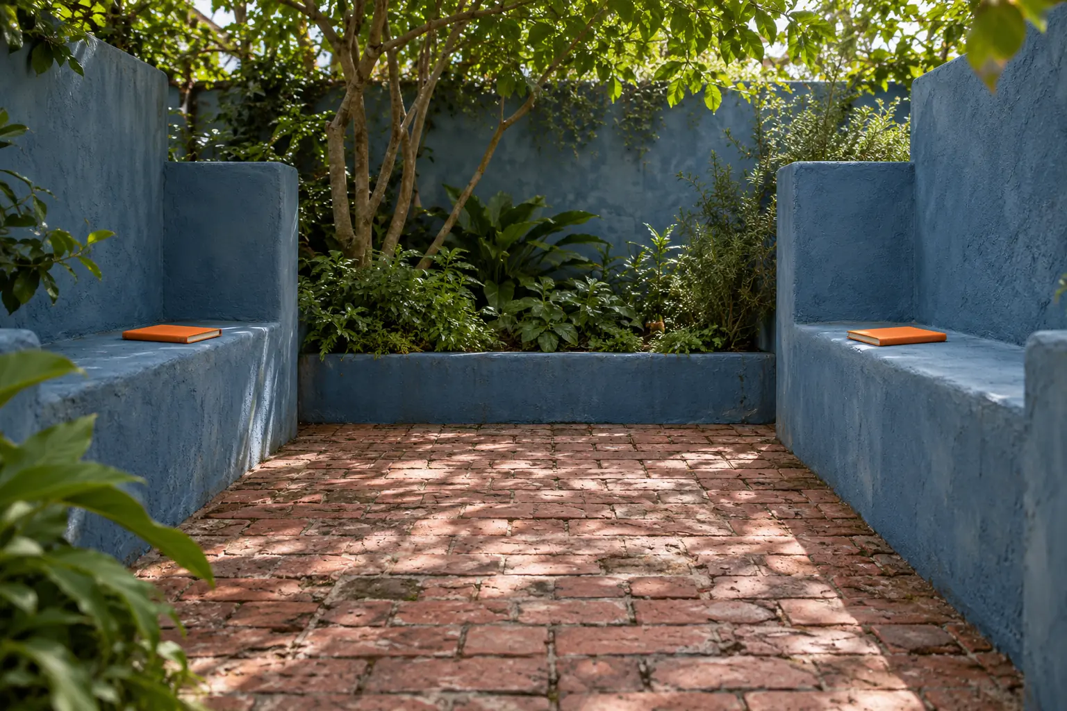 Illustration: Orange notebooks in two facing blue garden seating niches.