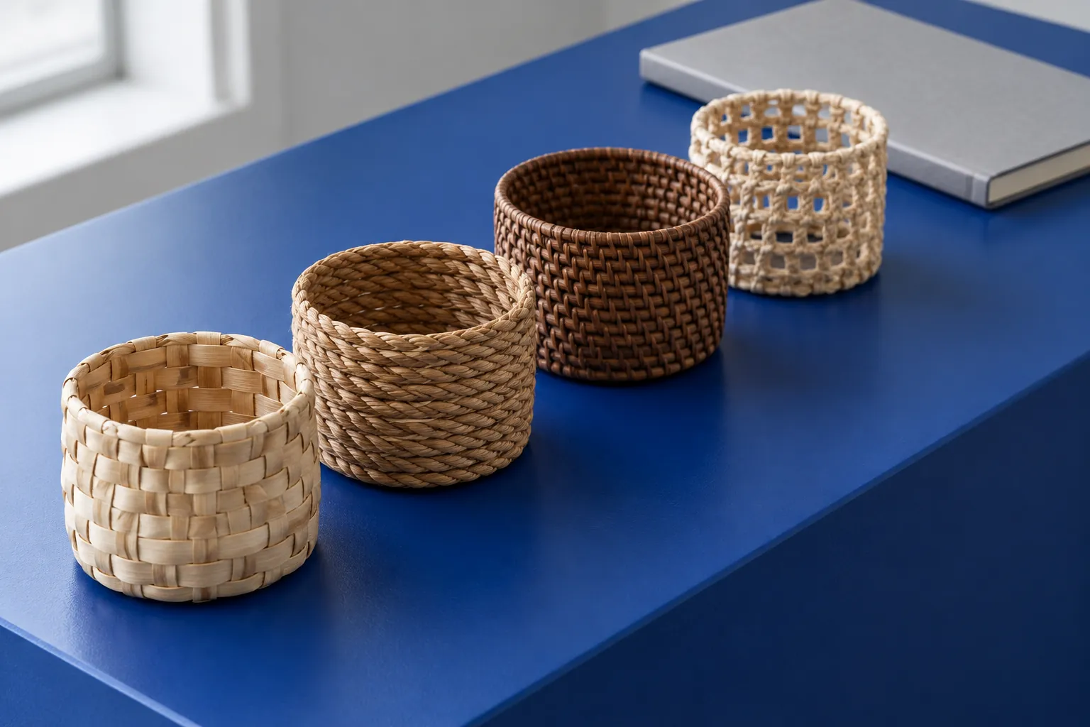 Illustration: Different woven containers on a cobalt plinth for a cultural discussion.