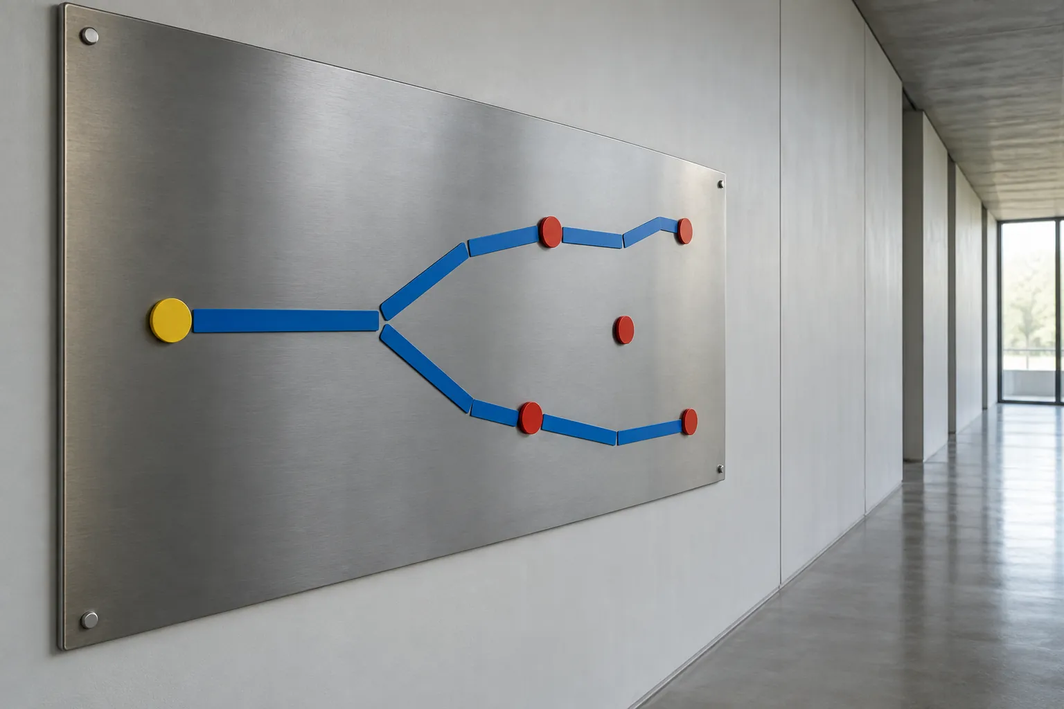 Illustration: Colored magnets forming a wordless route exercise on a steel wall panel.