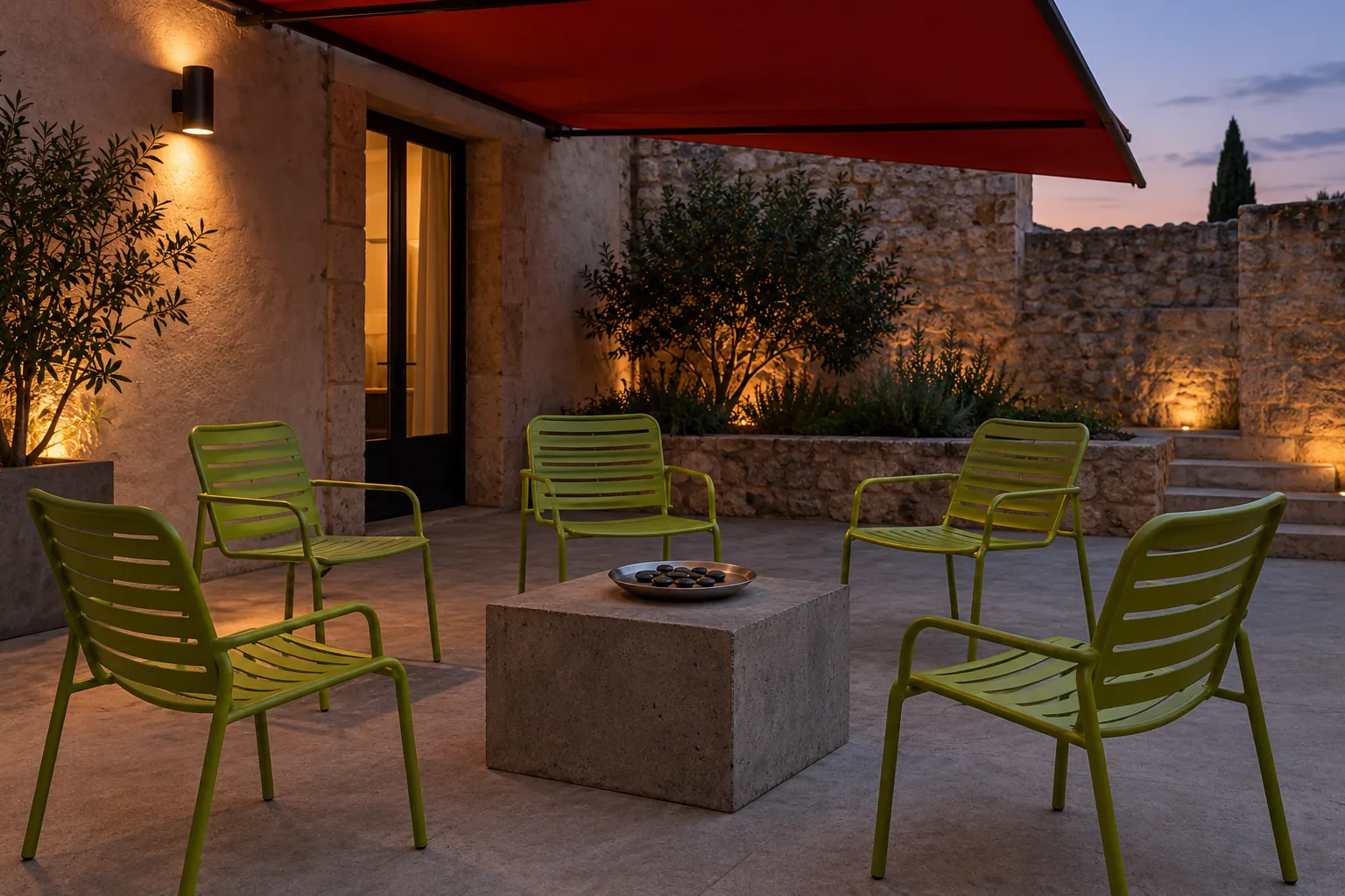 Illustration: Green chairs and turn-taking counters beneath a red courtyard awning.