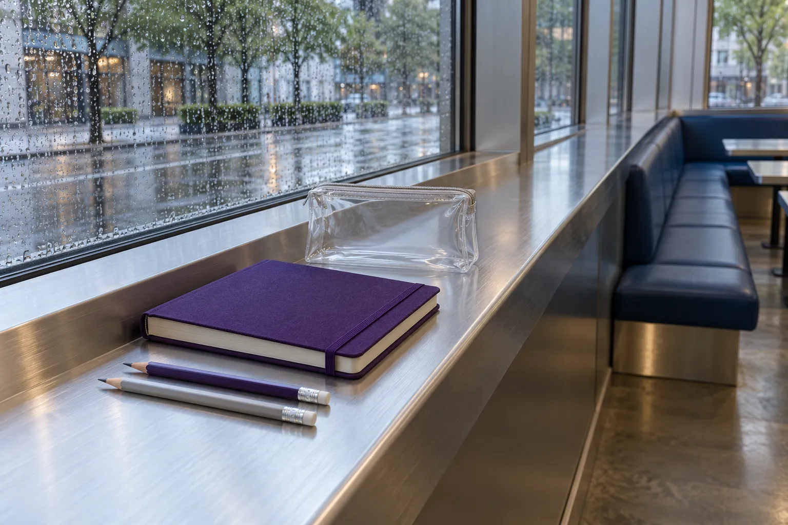 Illustration: Language-practice materials on an aluminum ledge beside empty cafe seating.