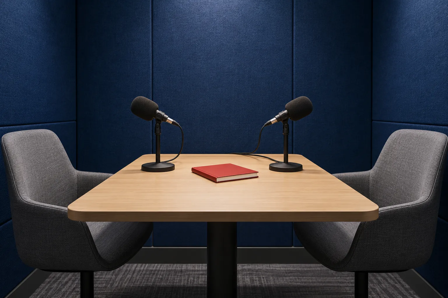 Illustration: Two plain microphones prepared for paired speaking practice in an empty booth.