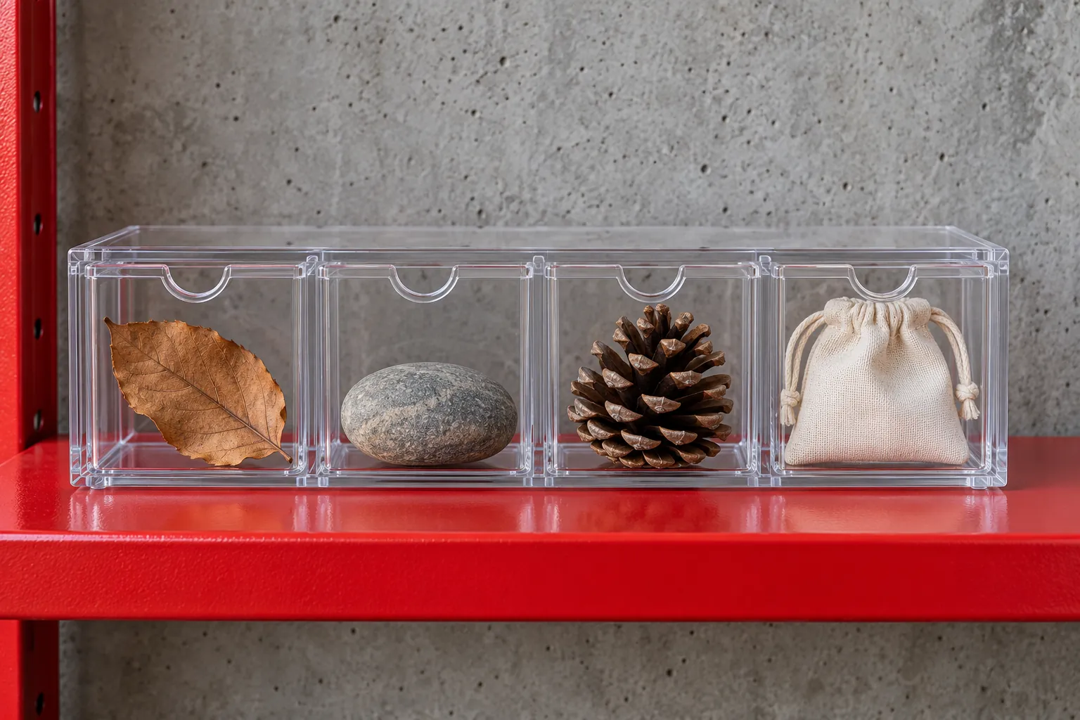 Illustration: Natural conversation objects sorted into clear drawers on a red shelf.