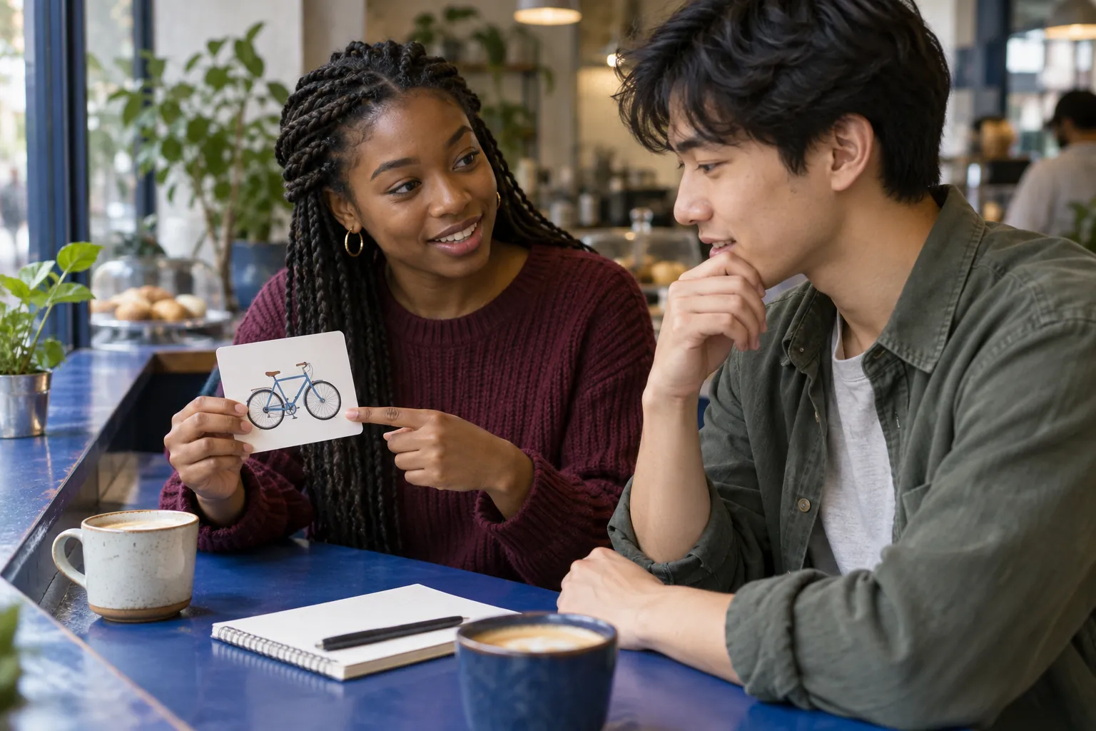 Illustration: Two young adults practice a language conversation using a bicycle picture card at a cafe counter.