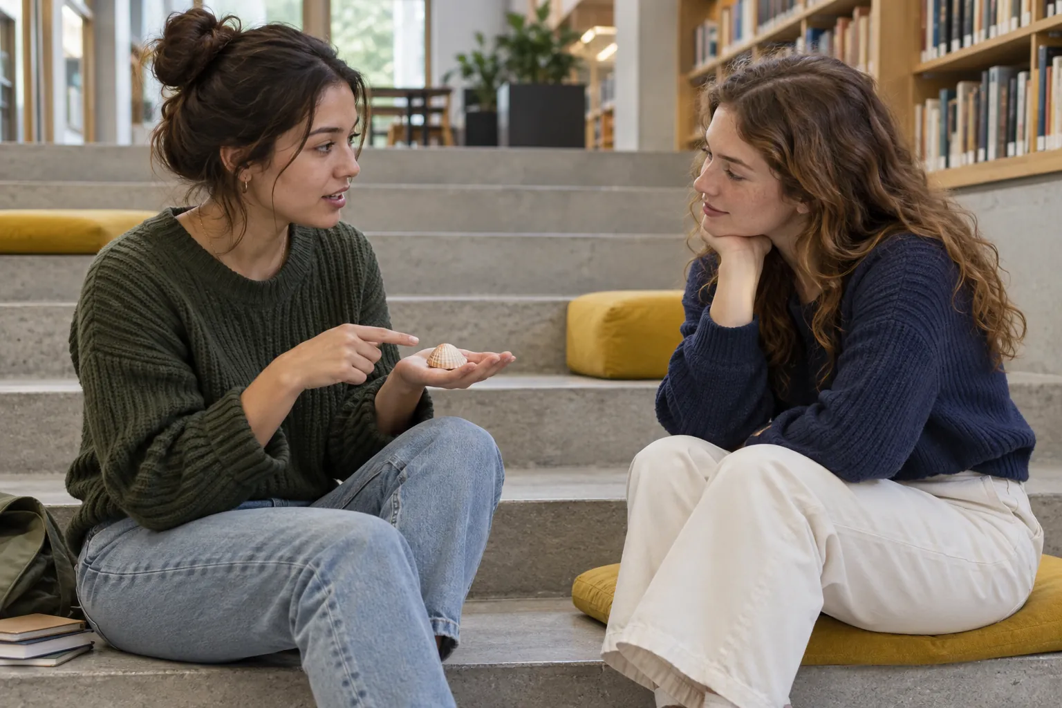 Illustration: Two young women practice conversation while examining a small shell on library steps.