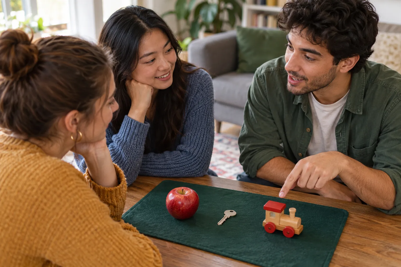 Illustration: Young adults use an apple, key and toy train as conversation prompts.