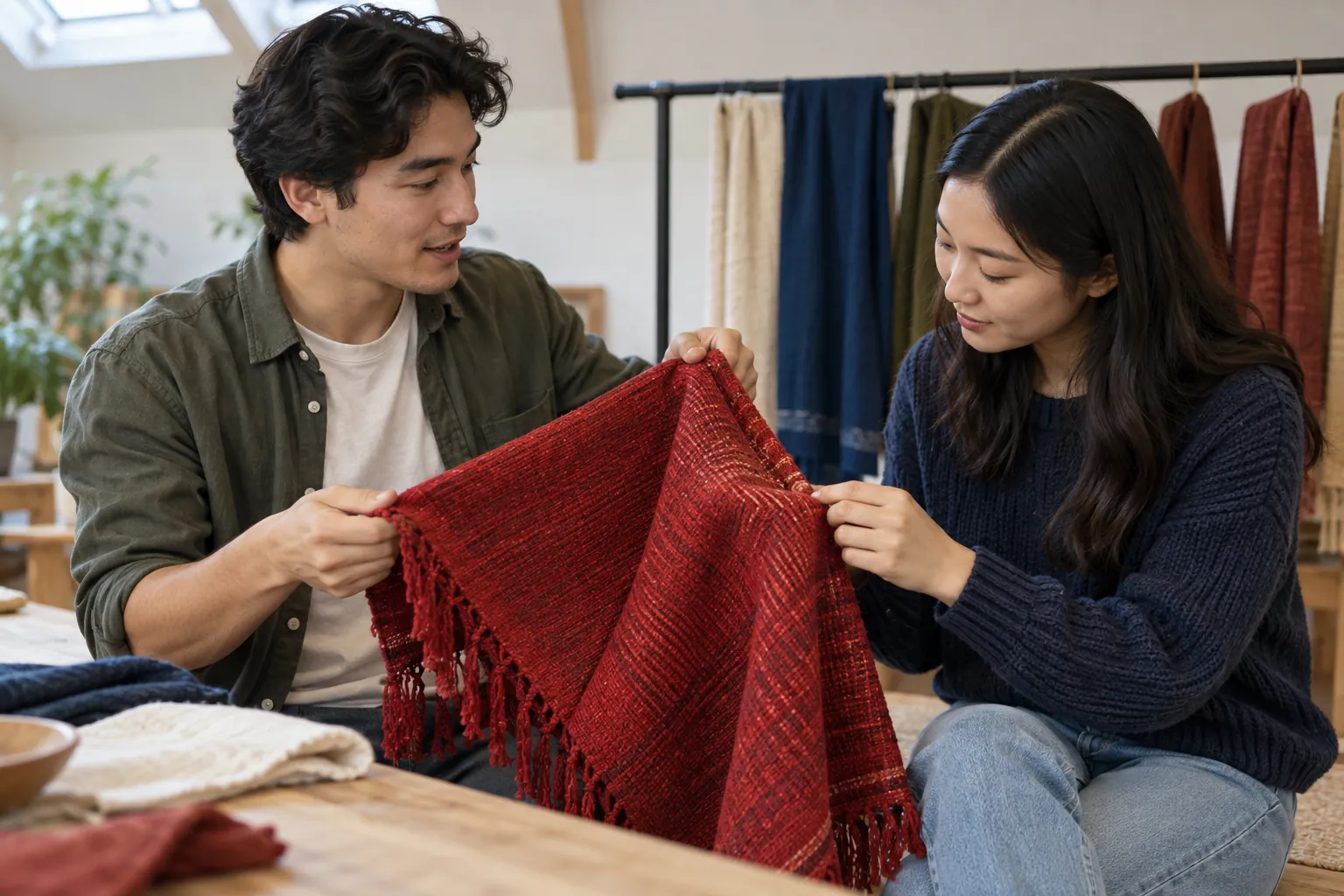 Illustration: Young adults discuss a red woven textile during a language exchange.
