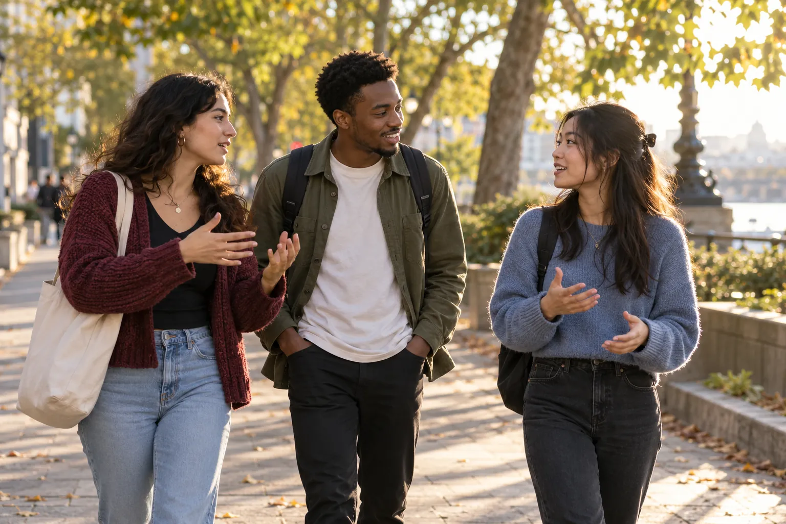 Illustration: Young adults walk and talk together during a language exchange.