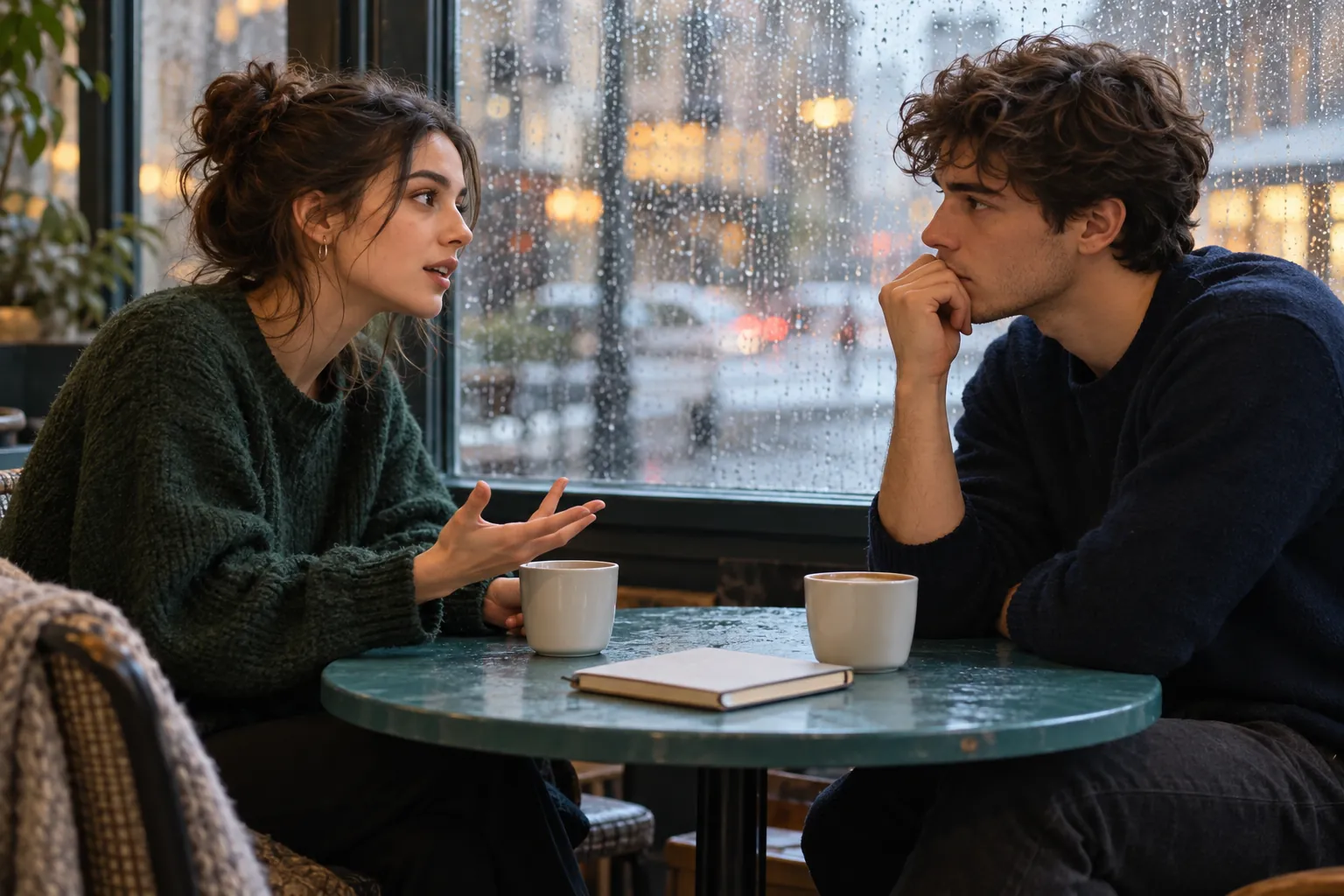 Illustration: Young adults practice conversation across a cafe table on a rainy day.