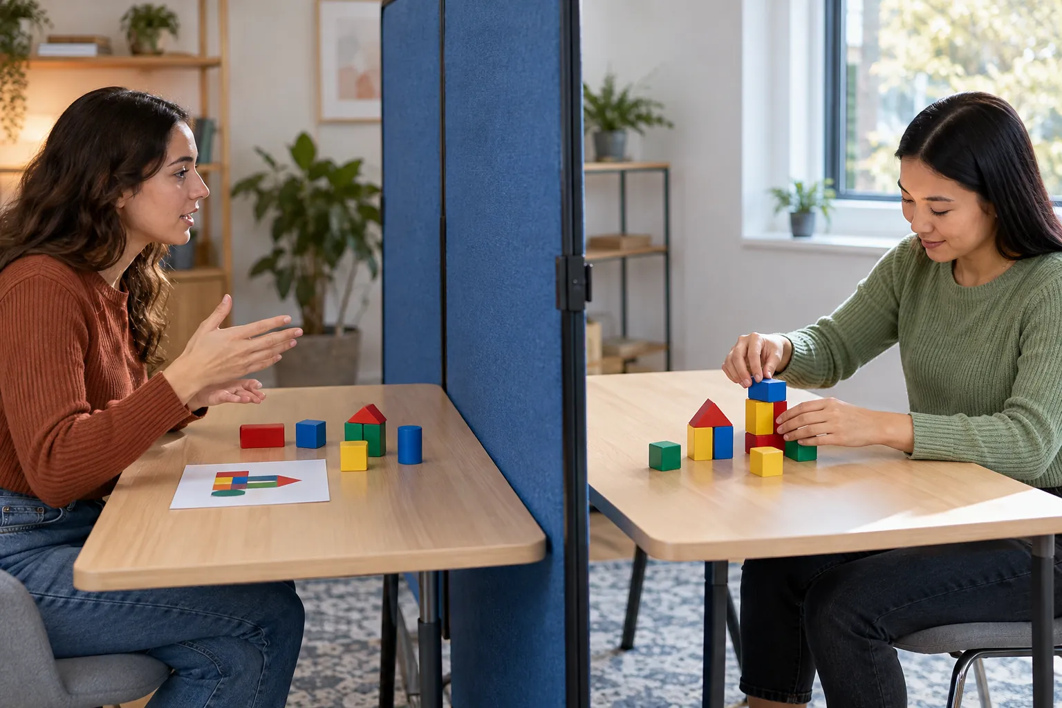 Illustration: Two language partners practice descriptions with colored blocks.