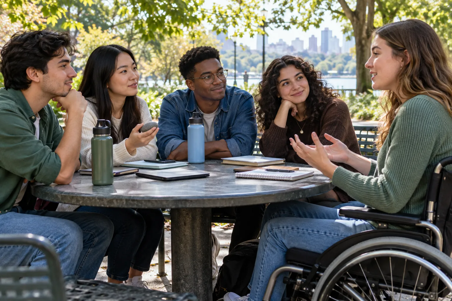 Illustration: Young adult language learners take turns speaking at an accessible park table.