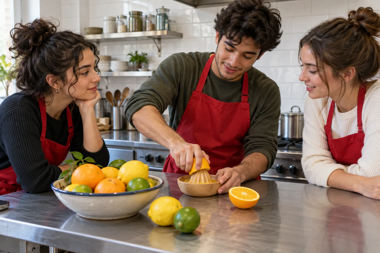 Illustration: Young adults discuss food traditions while one squeezes citrus in a teaching kitchen.