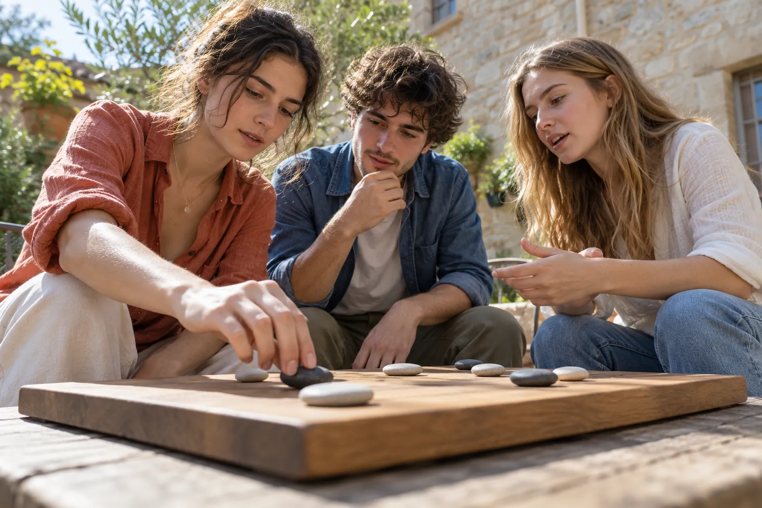 Illustration: Young adults discuss the rules of a simple stone game in a courtyard.