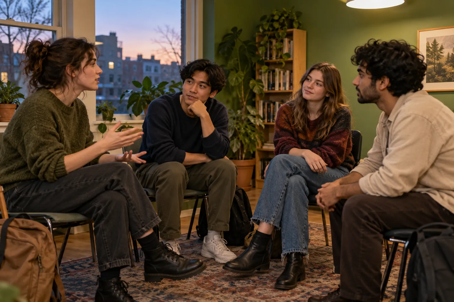 Illustration: Young adults continue a conversation in a community room after work.
