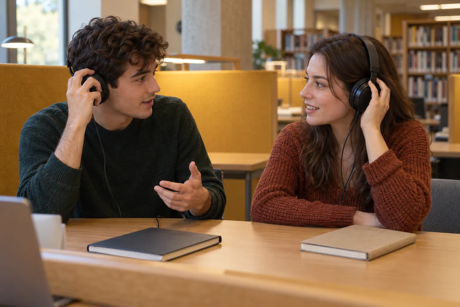 Illustration: Two young adults discuss a listening exercise at a library station.