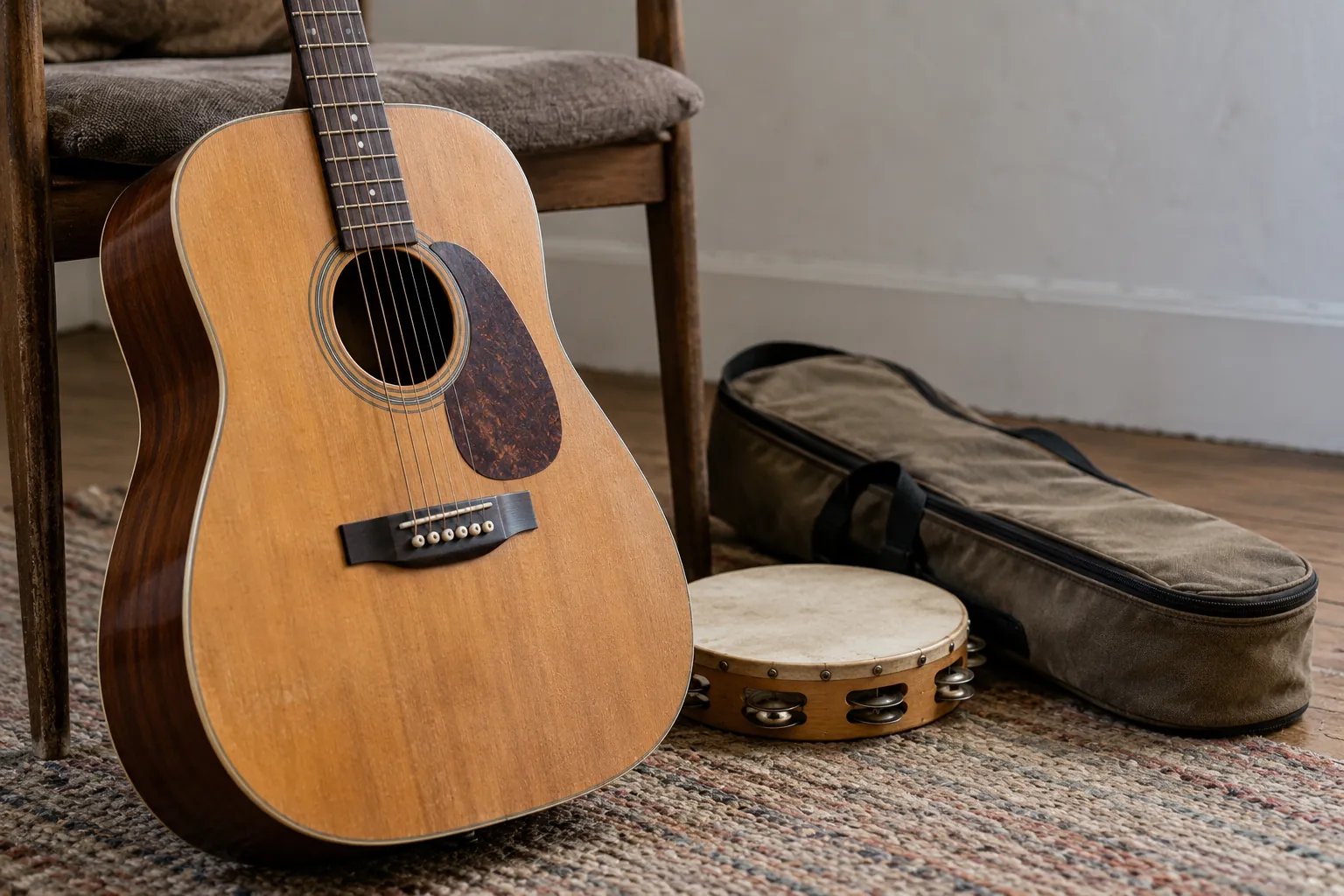 Illustration: An acoustic guitar, tambourine and canvas bag in a rehearsal room.