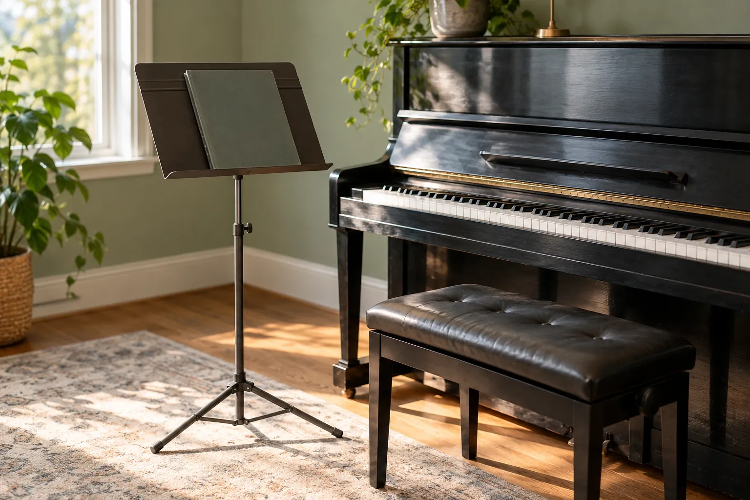Illustration: A music stand and closed folder beside an upright piano.