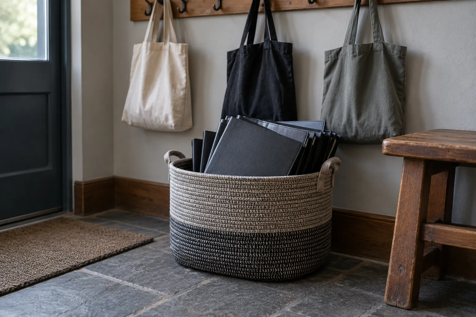 Illustration: A basket of plain choral folders in a rehearsal-room entryway.