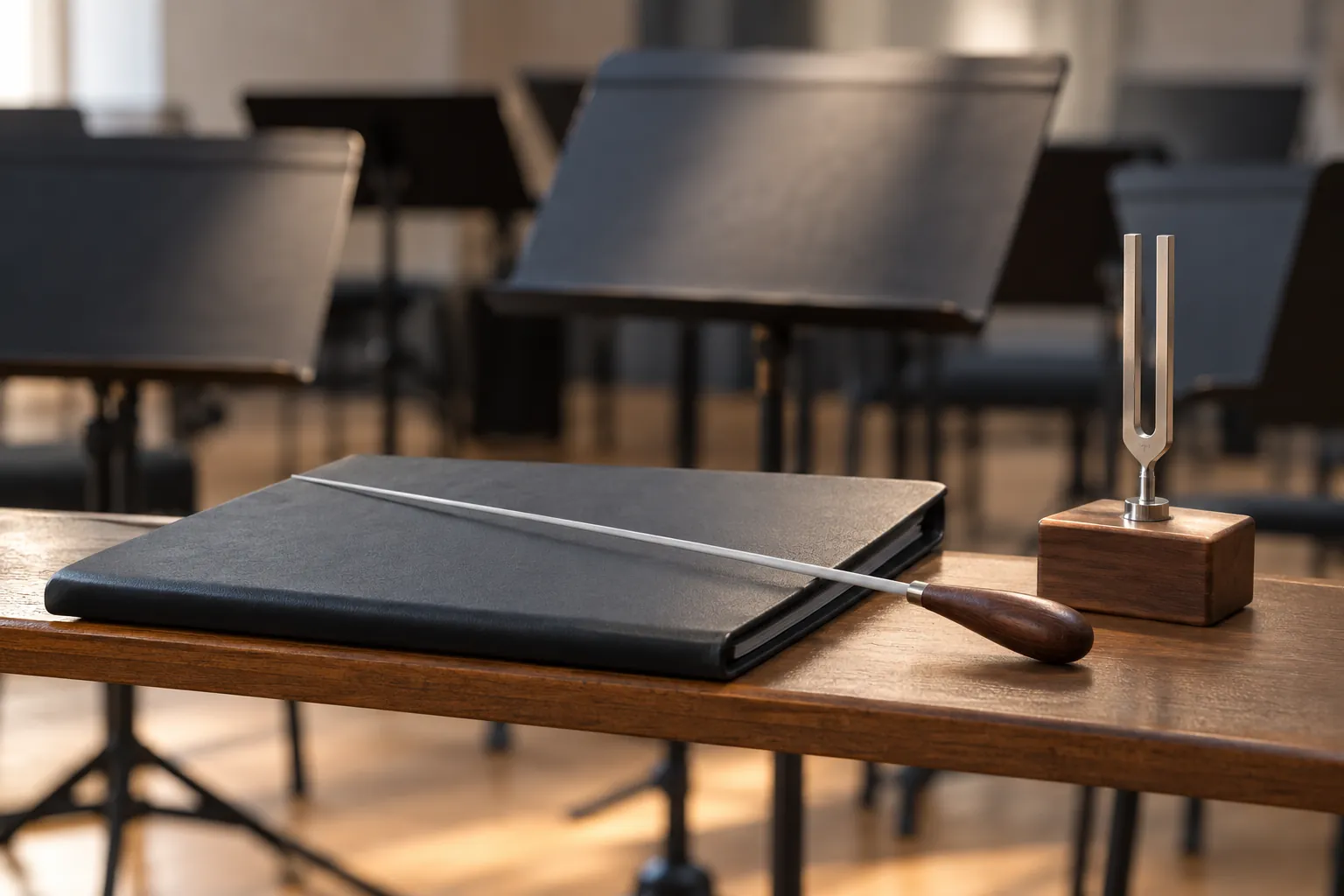 Illustration: A baton, closed folder and tuning fork on a shelf.