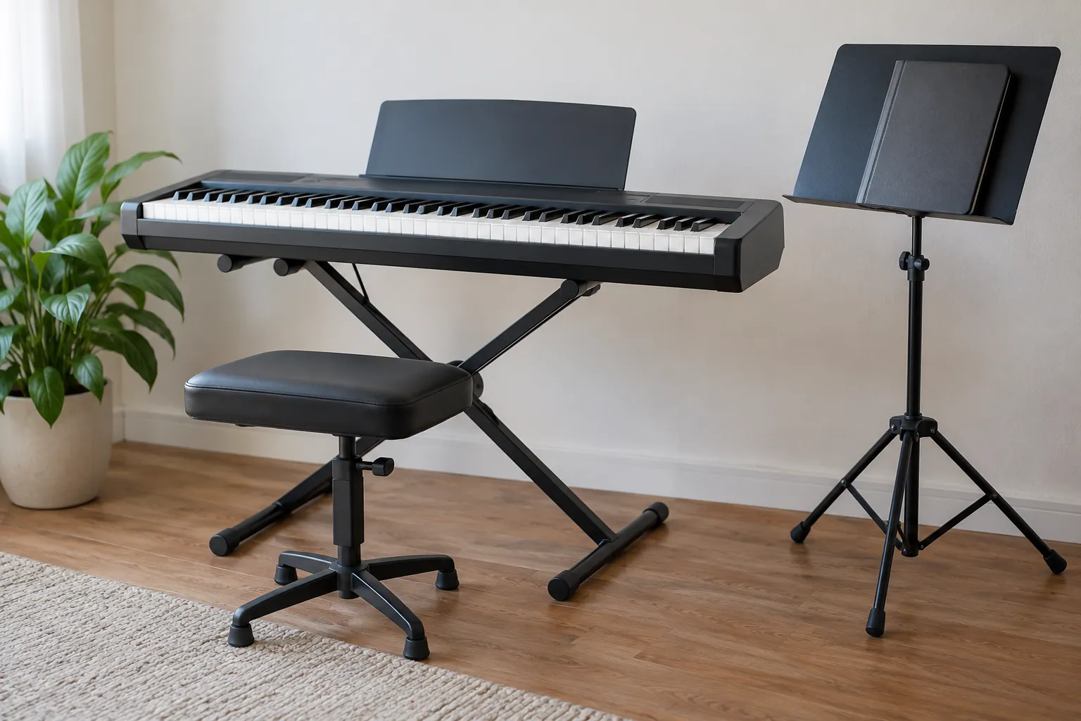 Illustration: A keyboard, empty stool and closed folder in a rehearsal corner.