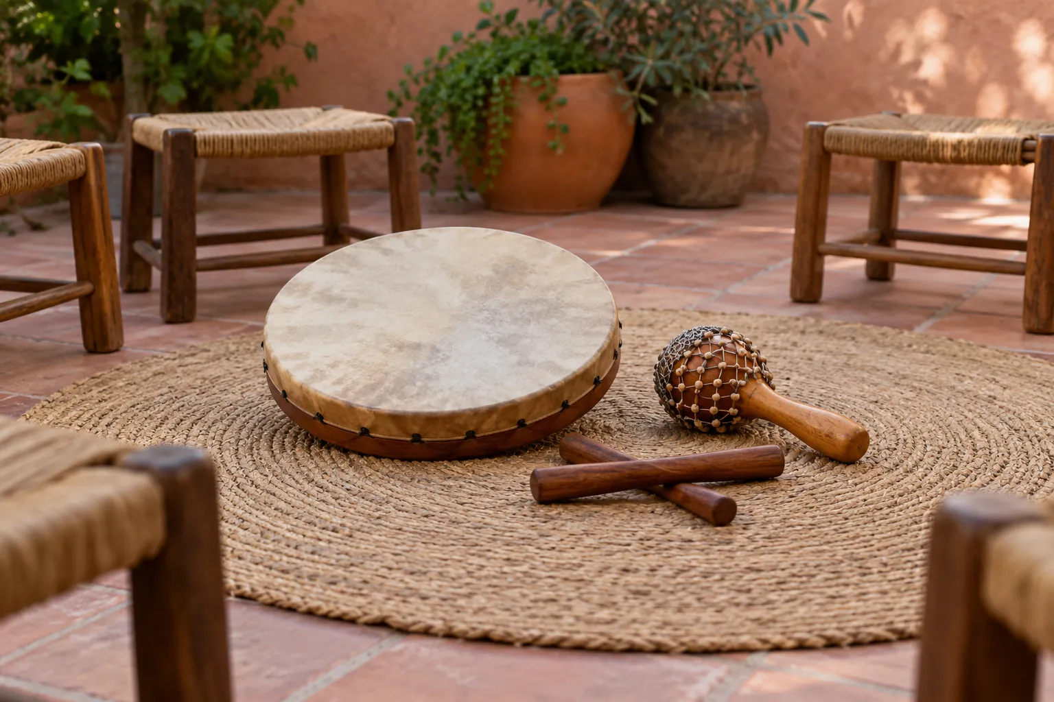 Illustration: A frame drum, shaker and claves surrounded by empty stools.