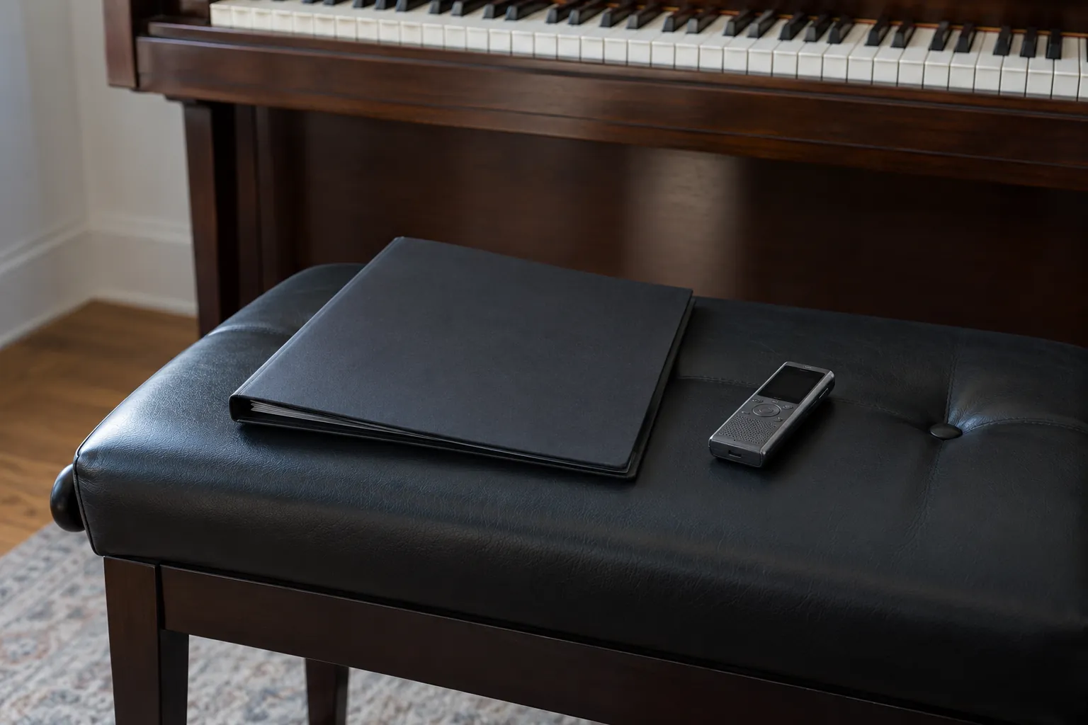 Illustration: A closed vocal folder and recorder on an empty piano stool.